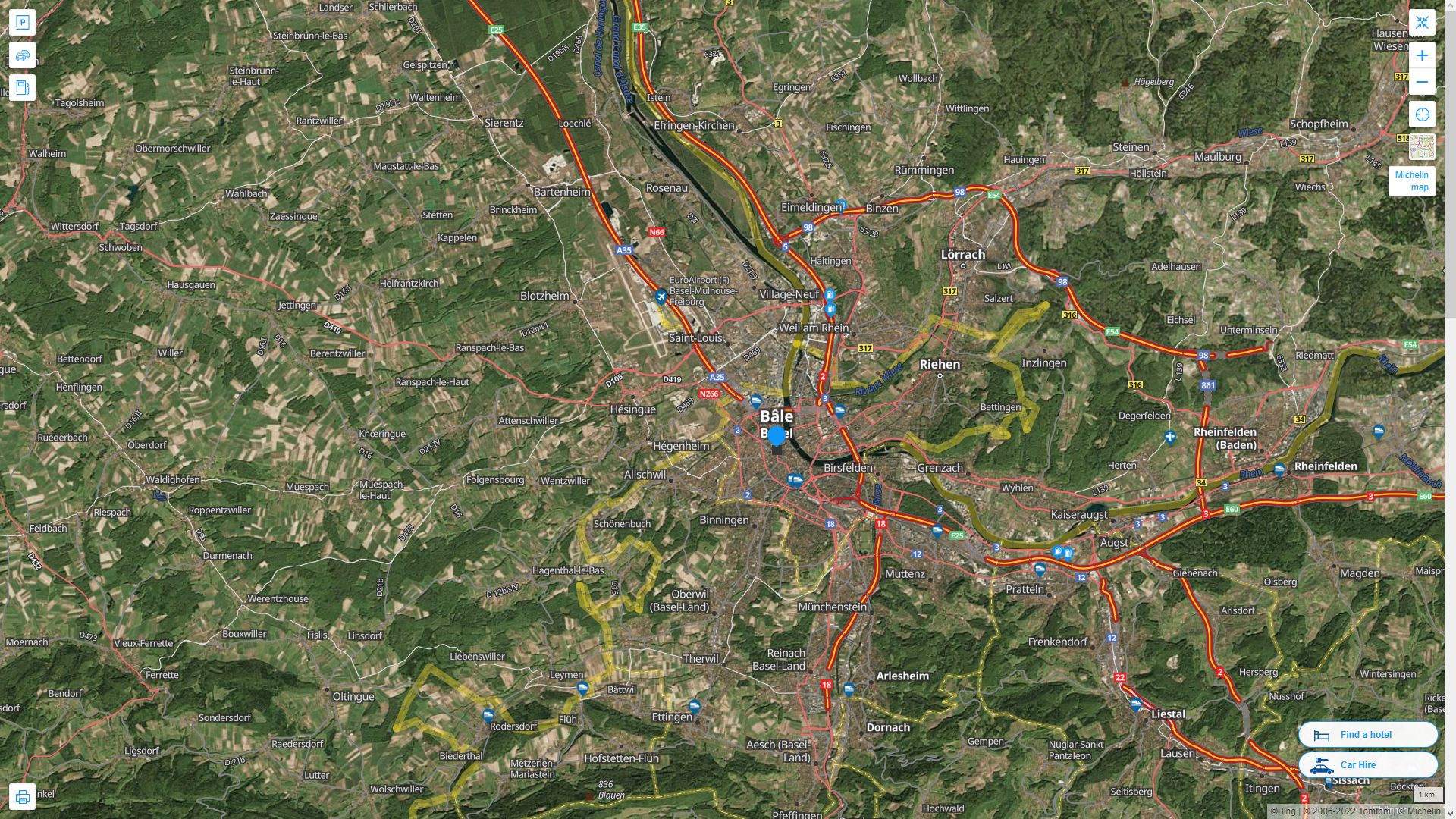 Basel Suisse Autoroute et carte routiere avec vue satellite